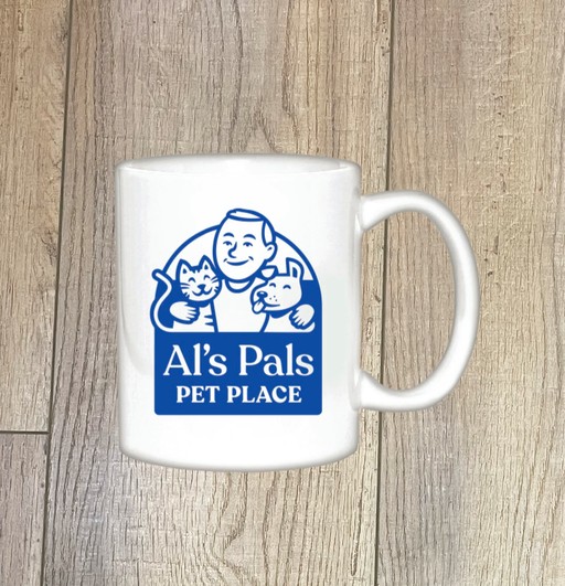 This is an 11 oz white ceramic mug featuring the blue logo for "Al's Pals". A portion of the proceeds from each sale of this mug will be donated to charities that support individuals with Down Syndrome.
